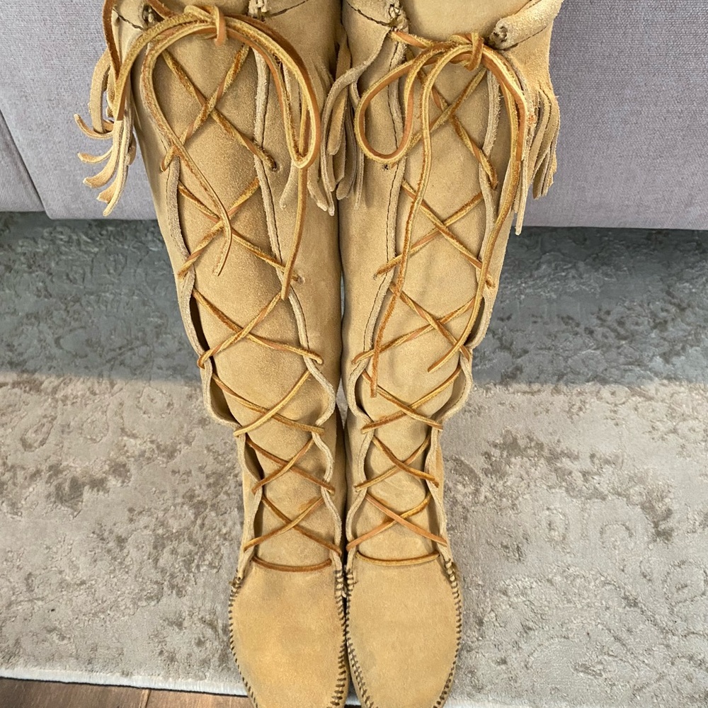 Minnetonka Tall Lace-Up Brown Suede Moccasin Boots